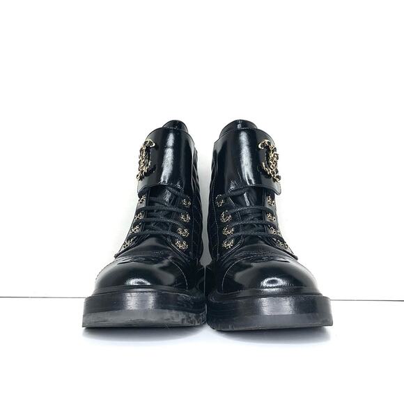 Chanel Brave Shiny Calfskin Quilted CC Chain Cap Toe Platform Short Boots 37 - Picture 6 of 11